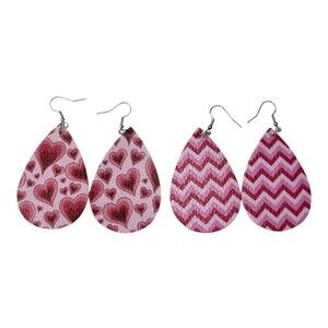 Earrings Heart Chevron Love Earrings Valentines Dangle Faux Leather Red Pink B1